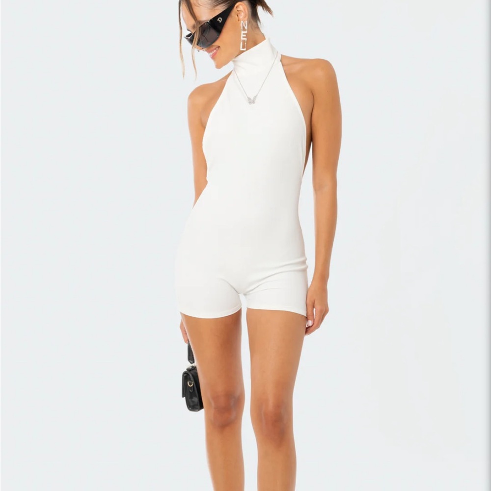 High neck, open back romper/jumpsuit